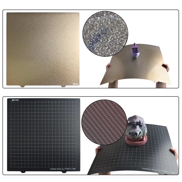 430x430 mm-es PEI építőlemez 3D nyomtatóágy kétoldali porbevonatú PEI + sima szénszálas felületű rugós acél rugalmas platform mágneses alappal