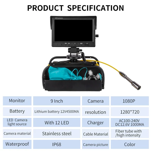 9 hüvelykes, valódi színes LCD kijelző, 12 LED-es periszkópos vizsgálókamera csővezeték endoszkóp – 30 m
