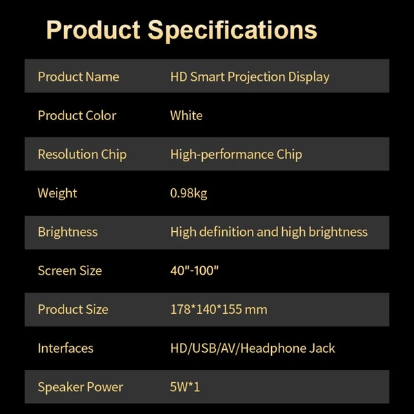 Hordozható T-2 projektor, 1080P házimozi Android 9.0 videoprojektor