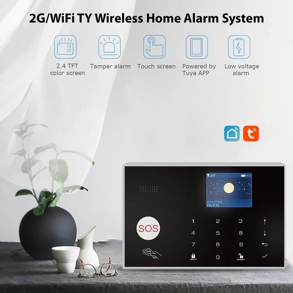 2G/WiFi TY vezeték nélküli otthoni riasztórendszer, 2,4 hüvelykes TFT színes érintőképernyős riasztópanel távirányító
