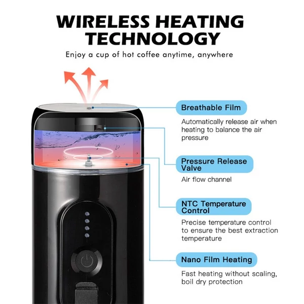 Hordozható elektromos eszpresszó kávéfőző vezeték nélküli fűtés, egytálalású mini kávéfőző 2 az 1-ben kávéporral/kapszulatartóval - Fekete