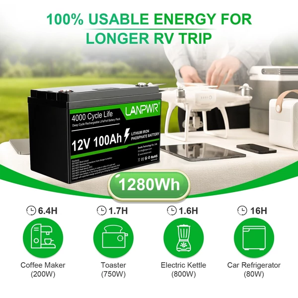 LANPWR 12V 100Ah LiFePO4 lítium akkumulátor csomag tartalék tápegység 1280 Wh teljesítmény
