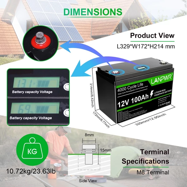 LANPWR 12V 100Ah LiFePO4 lítium akkumulátor csomag tartalék tápegység 1280 Wh teljesítmény