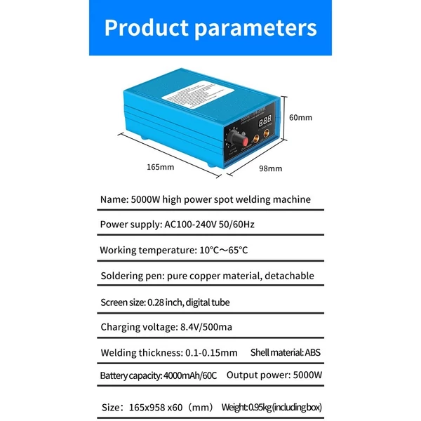 5000 W-os kézi hordozható otthoni hegesztőgép, akkumulátoros nikkellemezes ponthegesztő szerszám