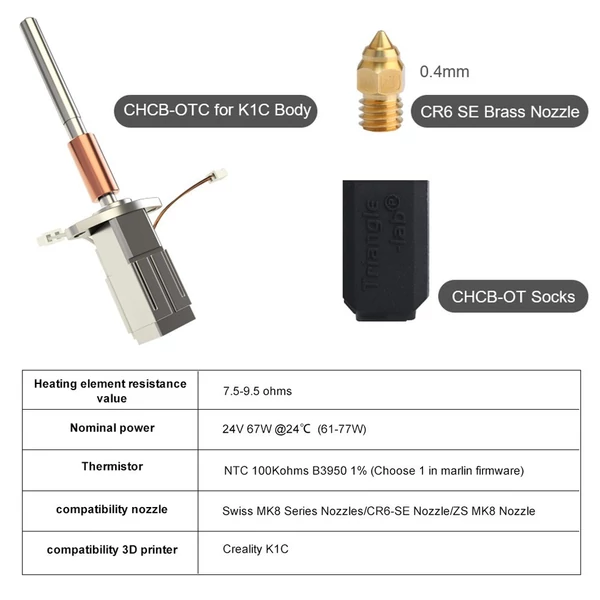 Trianglelab CHCB-OTC Hotend Kit, kompatibilis a Creality K1C 3D nyomtatóval, amely alkalmas MK8 fúvókához és 1,75 mm-es CF/ABS/PLA/PETG szálakhoz