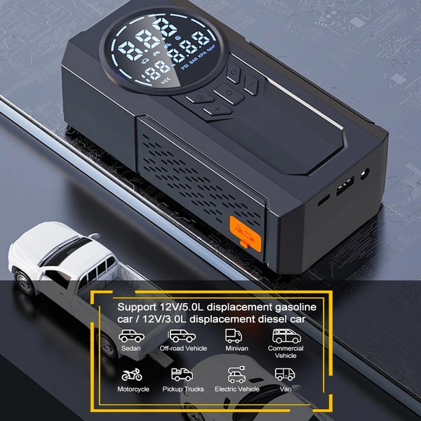 Hordozható indítómotor légkompresszorral, 8000 mAh-s autóakkumulátor indítóakkumulátorcsomag