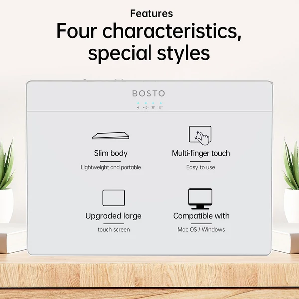 BOSTO T02 vezetékes és vezeték nélküli érintőpad 2.4G & BT & USB, ultravékony edzett üvegfelület