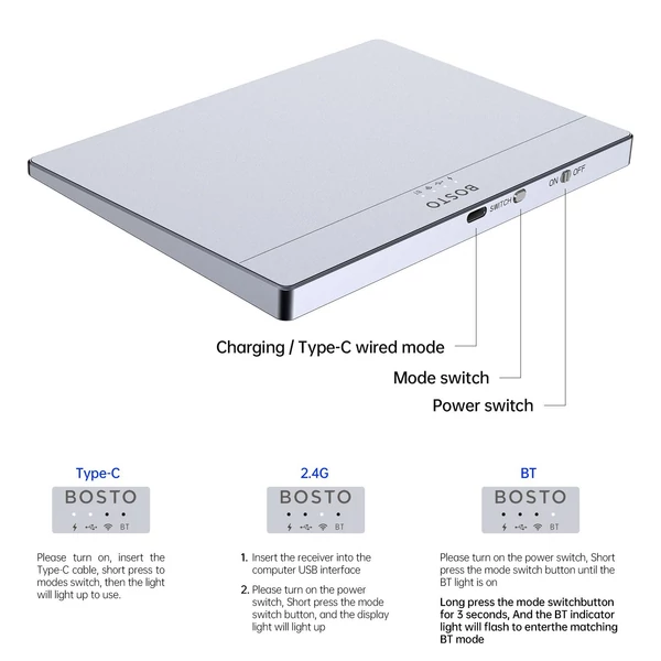 BOSTO T02 vezetékes és vezeték nélküli érintőpad 2.4G & BT & USB, ultravékony edzett üvegfelület