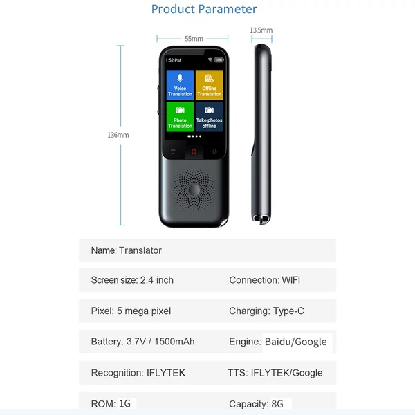 T11 intelligens nyelvi fordítóeszköz 2,4 hüvelykes IPS HD képernyővel, 1 GB + 8 GB memóriával