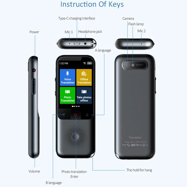 T11 intelligens nyelvi fordítóeszköz 2,4 hüvelykes IPS HD képernyővel, 1 GB + 8 GB memóriával