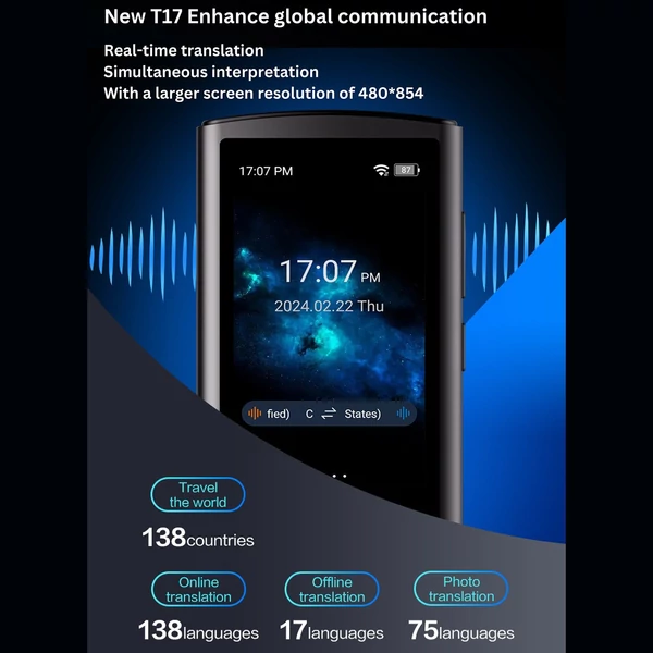 T17 intelligens nyelvi fordítóeszköz 1 GB + 16 GB memória 3,0 hüvelykes IPS HD képernyő