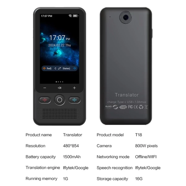 T18 intelligens fordító 3,0 hüvelykes IPS HD képernyővel, 1 GB + 16 GB memóriával