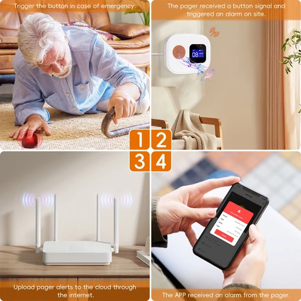Wi-Fi vezeték nélküli gondozó személyhívó hívógombokkal az idősek figyeléséhez APP távirányító - 1 vevő és 4 segélyhívó gomb
