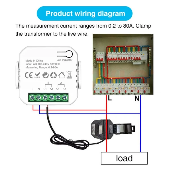 Intelligens energiamérő TY energiafogyasztás monitor 2 db 80A CT bilinccsel