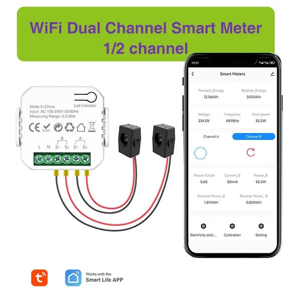 Intelligens energiamérő TY energiafogyasztás monitor 2 db 80A CT bilinccsel