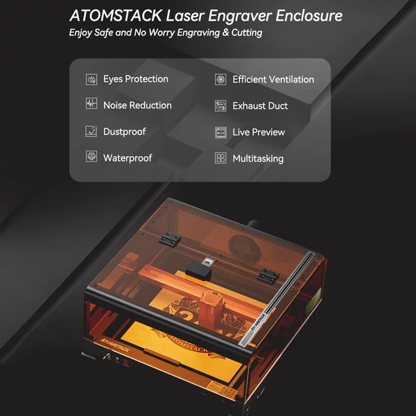 Atomstack B3 lézergravírozó védődoboz AC1 kamerával, LED fénnyel és kipufogóventilátorral, valamint szemvédő vizuális ablakkal