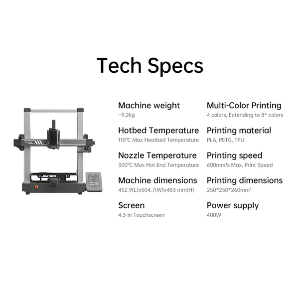 Anycubic Kobra 3 3D nyomtató többszínű nyomtatógép Max. 600 mm/s nyomtatási sebesség LeviQ 3.0 automatikus szintezővel, 4,3 hüvelykes érintőképernyő 250 mm x 250 mm x 260 mm nyomtatási méret