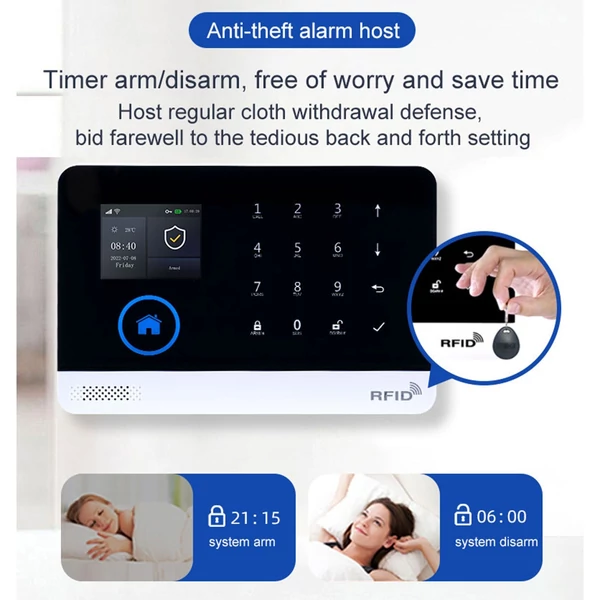 Tuya vezeték nélküli WIFI + GSM automatikus tárcsázó riasztó biztonsági rendszer - LCD kijelző, ajtóérzékelő, PIR mozgásérzékelő
