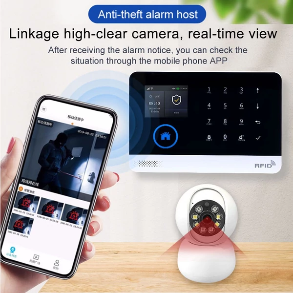 Tuya vezeték nélküli WIFI + GSM automatikus tárcsázó riasztó biztonsági rendszer - LCD kijelző, ajtóérzékelő, PIR mozgásérzékelő