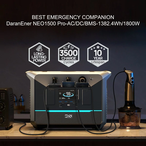 DaranEner NEO1500 PRO hordozható erőmű, 1800 W 1382 Wh tartalék lítium akkumulátoros napelemes generátor
