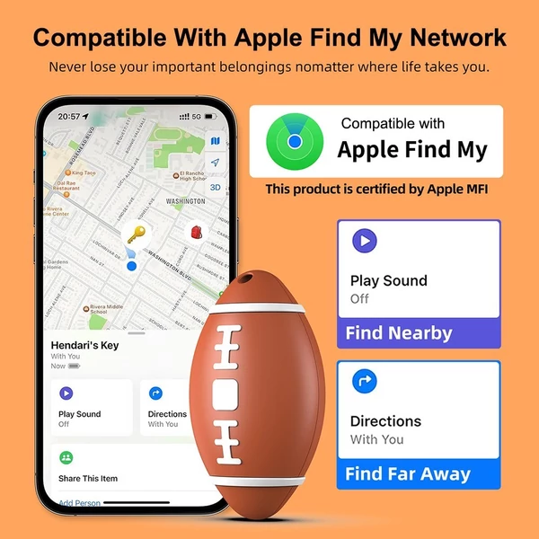 Kompakt GPS nyomkövetők - Rögbi alakú elvesztésgátló eszköz, amely kompatibilis az Apple Find My programmal - Barna, 1 db