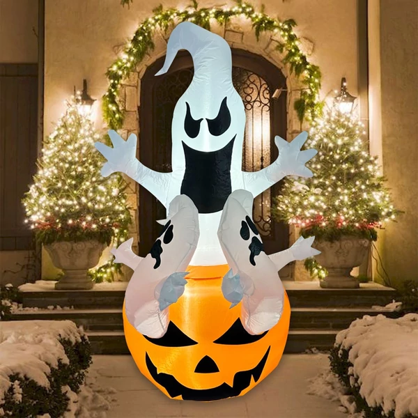 1,8 m-es ragyogó fehér szellem sütőtök, felfújható Halloween kültéri dekoráció