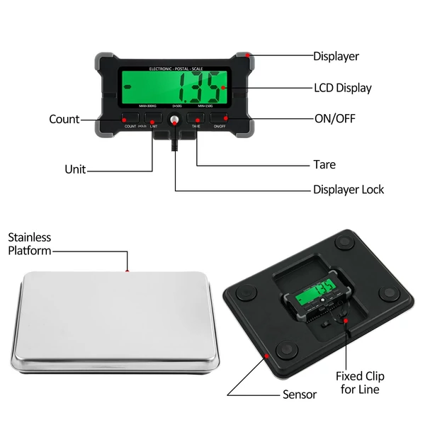 Elektronikus postai mérleg 10g Precíziós integrált rozsdamentes acél digitális mérleg LCD háttérvilágítású kijelzővel - 120 kg