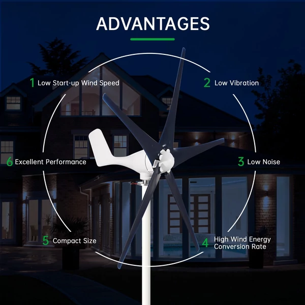 Szélturbina generátor készlet, 400 W 12 V hibrid töltésvezérlővel 2,0 m/s indító szélsebesség - Fekete, 6 lapáttal