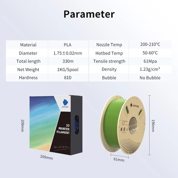 Anycubic PLA filament, 1,75 mm-es Kobra 3 3D nyomtatószálas Pantone színes RFID funkcióval, környezetbarát nyomtatási orsó, méretpontosság +/- 0,02 mm (4 szín - barack szösz/ csillagközi lila/ trópusi türkiz/ tavaszi levél)