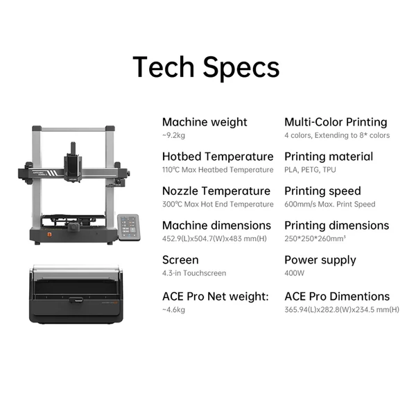 Anycubic Kobra 3 kombinált 3D nyomtató, 4 többszínű nyomtatógép ACE Pro lezárt tárolószálas dobozzal, szárazon tartva, max. 600 mm/s nyomtatási sebesség, 250 mm x 250 mm x 260 mm nyomtatási méret