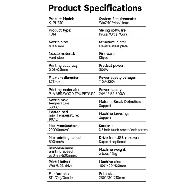 KINGROON KLP1 230 3D nyomtató, FDM 500mm/s gyorsnyomtató gép, nyomtatási méret 230x230x210mm, 3,5 hüvelykes érintőképernyő
