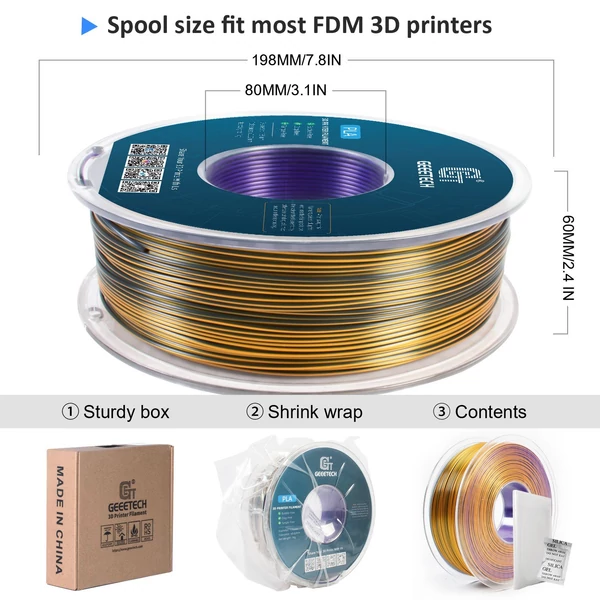 Geeetech PLA filament, háromszínű selyem 3D nyomtatóhoz (1 kg) - lila+arany+fekete