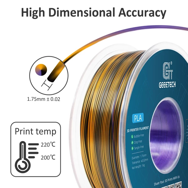 Geeetech PLA filament, háromszínű selyem 3D nyomtatóhoz (1 kg) - lila+arany+fekete