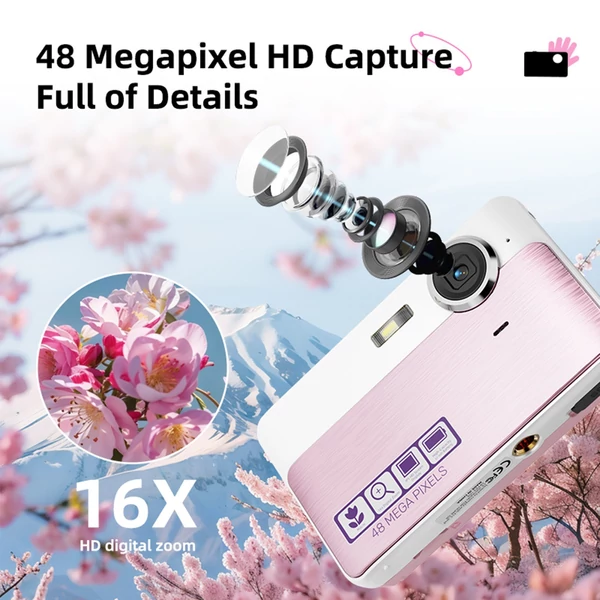 1080P digitális fényképezőgép, 48 MP zsebes digitális videokamera 32 GB TF kártya USB kártyaolvasóval - Pink