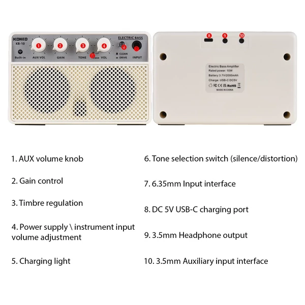 KOKKO KB-10 10W kis elektromos mélyhangerősítő - Hordozható gyakorló hangszóró