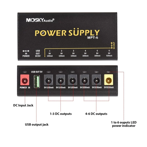 MOSKYAUDIO MPT-6 6 csatornás gitárpedál tápegység – független rövidzárlatvédelem