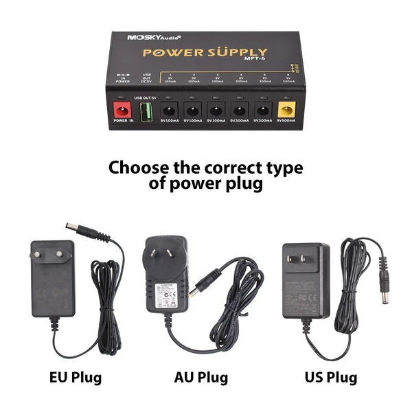 MOSKYAUDIO MPT-6 6 csatornás gitárpedál tápegység – független rövidzárlatvédelem