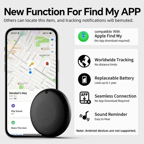 Intelligens csomagkereső, kulcskereső – hordozható BT nyomkövetők, amelyek kompatibilisek az Apple Find My szolgáltatással - Fekete, 1 db