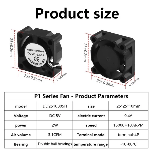 2510 dupla golyóscsapágyas ventilátor, 5 V-os hűtőventillátor forró végű hűtőhűtő - kompatibilis a Bambu P1P/P1S készülékkel
