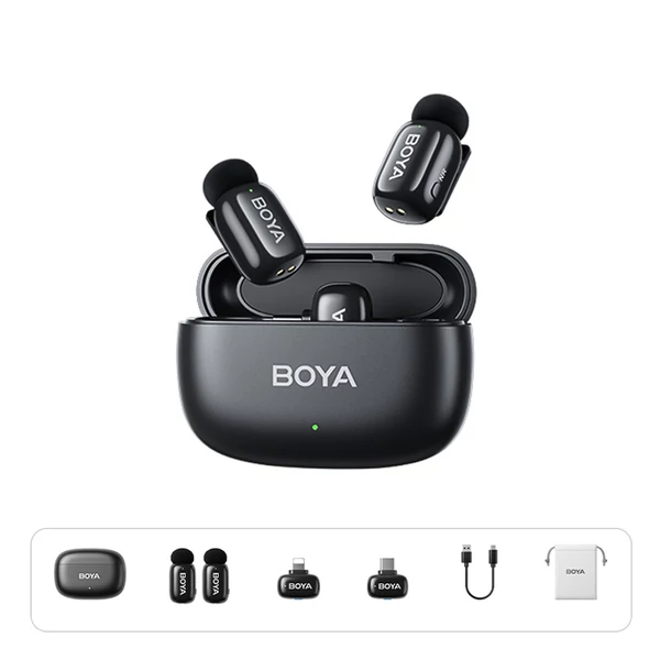 BOYA mini One-Trigger-Two 2,4G vezeték nélküli mikrofonrendszer, telefonmikrofon, mini hajtókamikrofon - Fekete