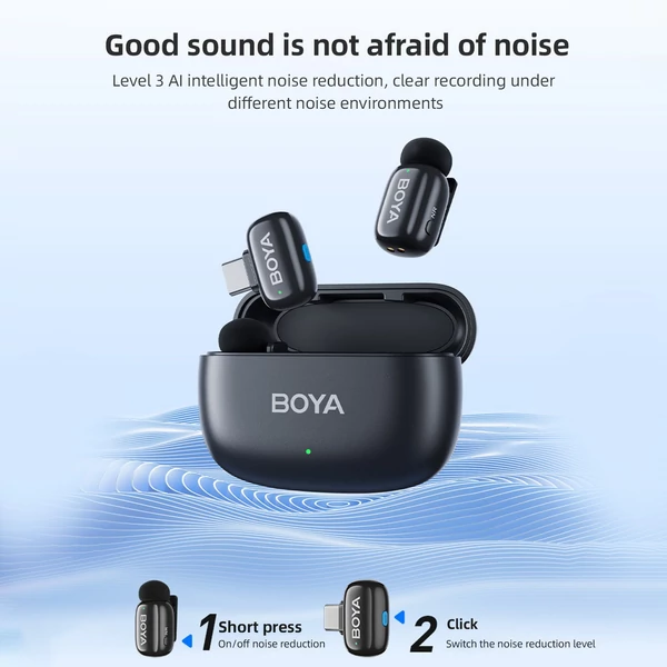 BOYA mini One-Trigger-Two 2,4G vezeték nélküli mikrofonrendszer, telefonmikrofon, mini hajtókamikrofon - Fekete