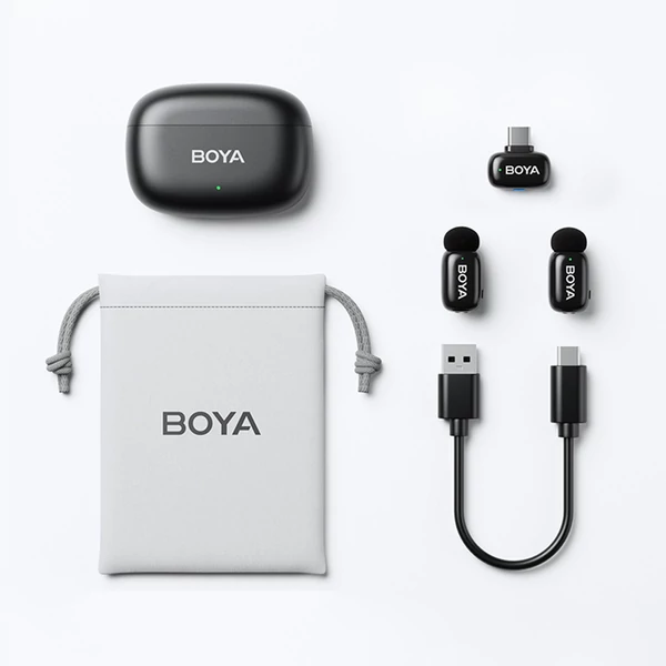 BOYA mini One-Trigger-Two 2,4G vezeték nélküli mikrofonrendszer, telefonmikrofon, mini hajtókamikrofon - Fekete