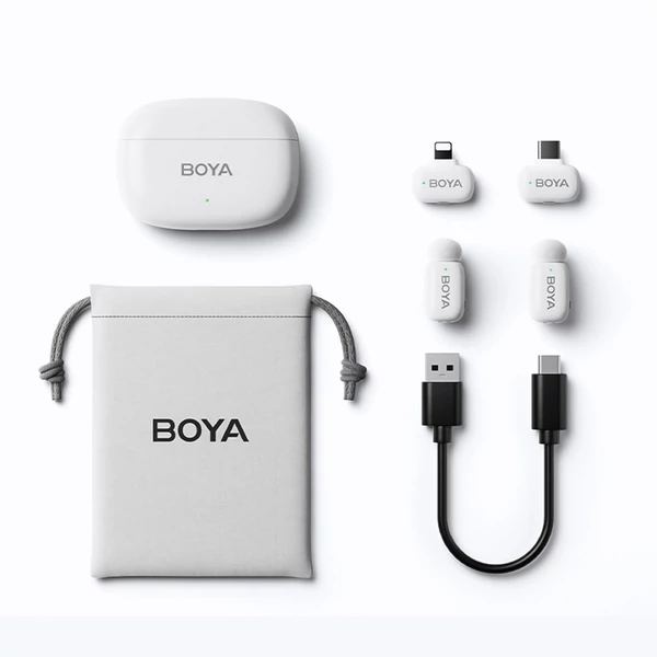 BOYA mini One-Trigger-Two 2,4G vezeték nélküli mikrofonrendszer, telefonmikrofon, mini hajtókamikrofon - Fehér