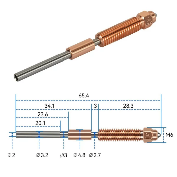 0,4 mm-es fúvóka, nagy átfolyású támogatás, nagy sebességű nyomtatás rézötvözetből és edzett acélból készült fúvóka (2 db)