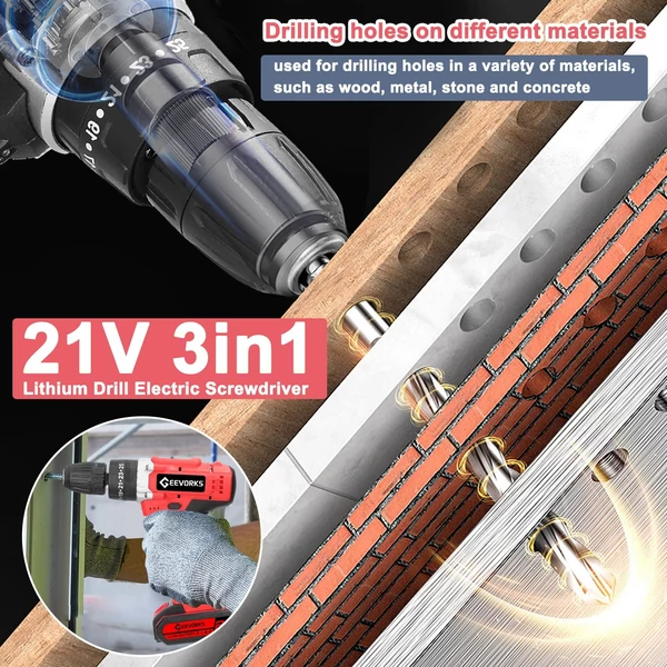 Háztartási 3 az 1-ben többfunkciós elektromos fúró, kézi lítium csavarhúzó, 21 V-os ütvefúró - 2 akkumulátor