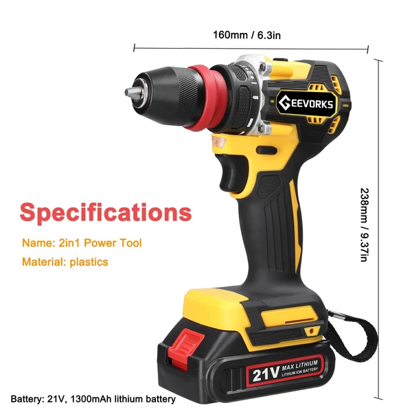 Geevorks 21V, 2 az 1-ben lítium fúró elektromos csavarhúzó többfunkciós elektromos szerszám - 2 akkumulátor