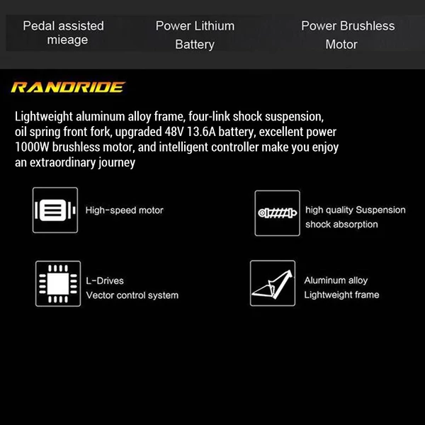 RANDRIDE YS90 elektromos kerékpár, 1000 W-os motor 27,5*2,4 hüvelykes gumiabroncs, 48 ​​V 13,6 Ah akkumulátor