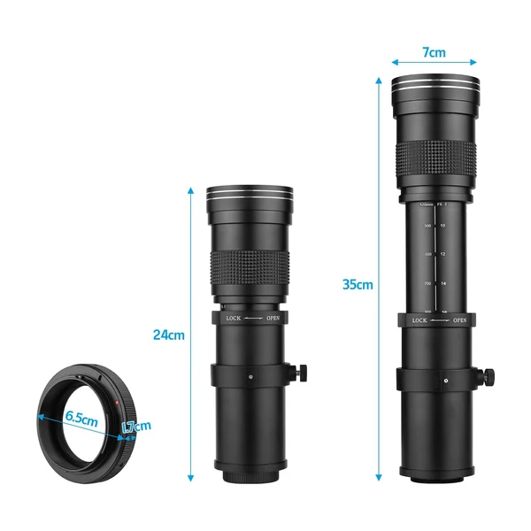 Fényképezőgép MF szuper teleobjektív F/8.3-16 420-800 mm T rögzítés adaptergyűrűvel - Fekete
