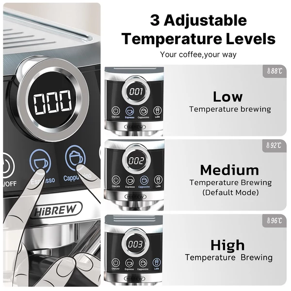 HiBREW H13A 3 az 1-ben félautomata kávéfőző, 6 kávé üzemmód, 20 bar elszívási nyomás
