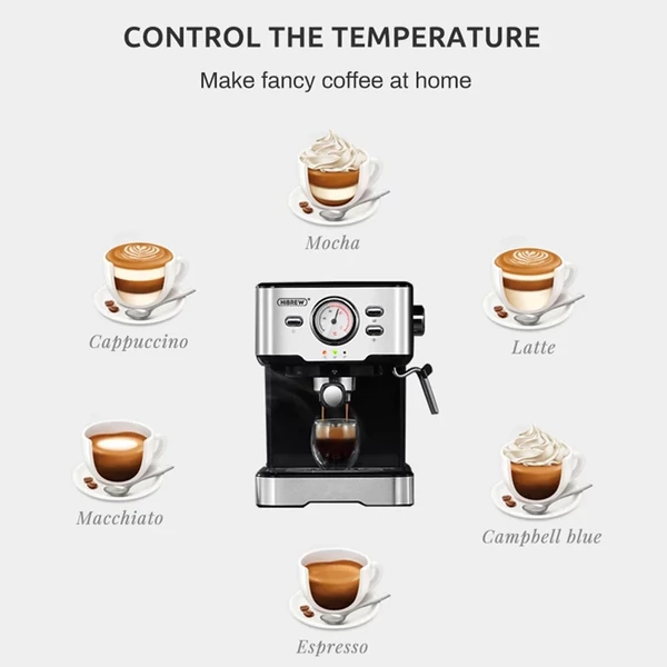 HiBREW H5 1050 W kávéfőző, 20 bar-os félautomata cappuccino eszpresszó kávéfőző - Ezüst